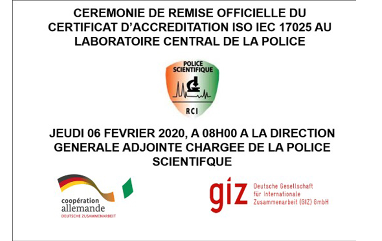 WAAS - The Direction of the Central Laboratory of the Police of Côte d'Ivoire receives their SOAC accreditation certificate this February 06, 2020 in the presence of the High Police Hierarchy and Hon. Minister of Security and Civil Protection 