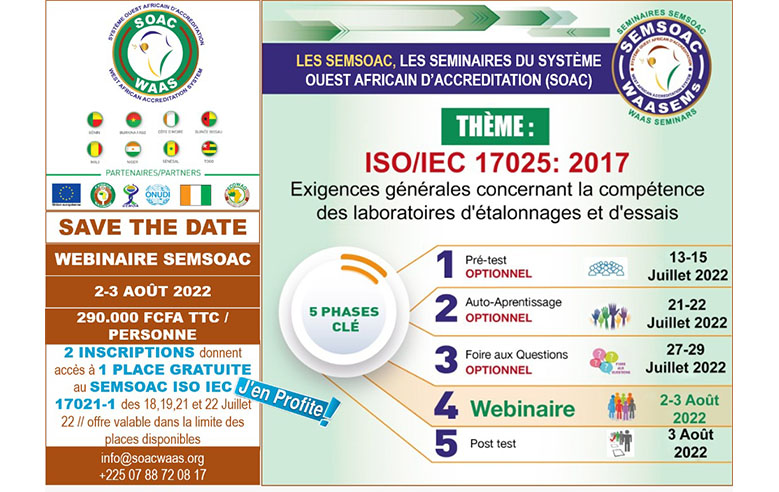 SOAC - Webinaire du 02 au 03 Août 2022 portant sur la norme ISO IEC 17025 : 2017 "Exigences générale concernant les laboratoires d’étalonnages et d’essais"